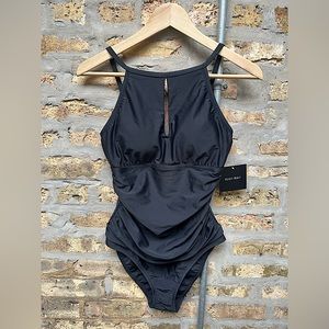 NWT Ellen Tracy size 10 One Piece High Square Neck Swimsuit Black Ruching